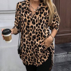 Kadın Uzun Kollu Yakalı önden Düğmeli Yandan Bağcıklı Leopar Desenli Modal Bluz