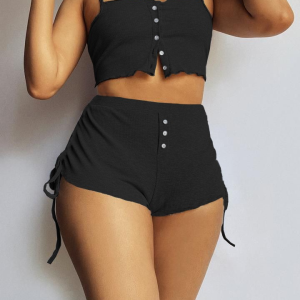 Kadın Ip Askılı Crop Bluz Ve Yanlardan Büzgülü Ikili Kaşkorse Short Takım