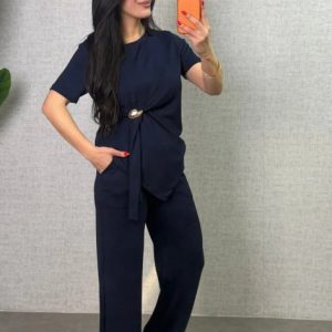 Alternative view of Kadın Kısa Kollu Bisiklet Yaka Yandan Toka Detaylı Viskon Iki Iplik Bluz Ve Pantolon Ikili Takım