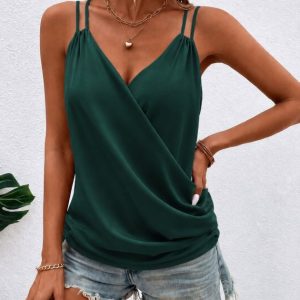 Kadın Askılı Kruvaze Yakalı Pile Detaylı Sandy Bluz