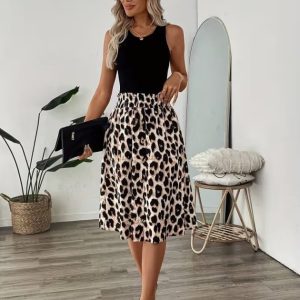 Kadın Askılı Yuvarlak Yakalı Viskon Bluz Ve Leopar Desenli önü Düğmeli Midi Etek Ikili Takım