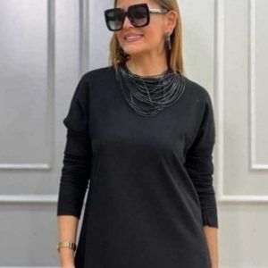 Alternative view of Kadın Uzun Kollu Bisiklet Yaka Etek Ucu Deri Dantelli Viskon Iki Iplik Midi Elbise