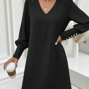 Kadın Uzun Kollu V Yakalı Kısa Ithal Krep Elbise