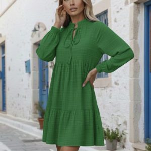 Kadın Uzun Kollu Yakadan Bağcıklı Fırfırlı Keten Mini Elbise