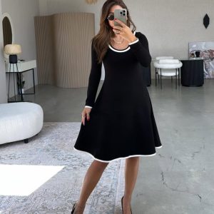 Kadın Uzun Kollu Yuvarlak Yaka Midi Viskon Iki Iplik Elbise
