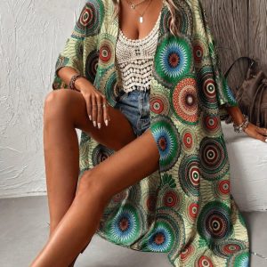 Kadın Kısa Kollu önü Açık Belden Kuşaklı Uzun Kimono