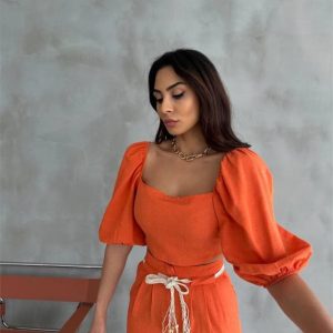 Alternative view of KETEN CROP KARPUZ KOL BLUZ-PANTOLON HASIR KEMERLİ - Orange