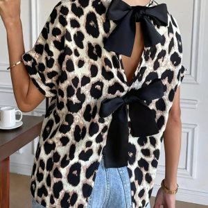 Kadın Kısa Kollu Bisiklet Yaka Arkadan Fiyonk Detaylı Leopar Süprem Bluz