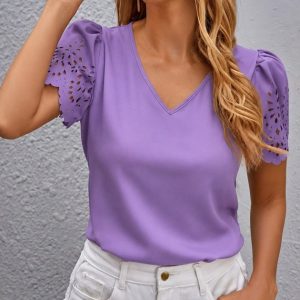 Kadın Kısa Kollu V Yakalı Kolu Dantelli Dubai Bluz