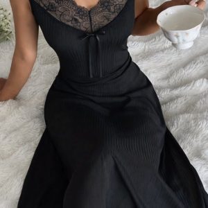 Kadın Askılı Dantel Yakalı Uzun Kalın Fitilli Kaşkorse Gecelik