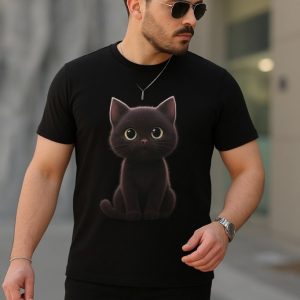 Erkek Bisiklet Yaka Kedi Baskılı Süprem T-shirt