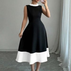 Alternative view of Kadın Bisiklet Yaka çift Renk çan Etek Detay Krep Kumaş Maxi Boy Elbise