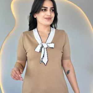 Alternative view of Kadın Kısa Kollu V Yaka Fular Detay Merserize Triko Bbluz