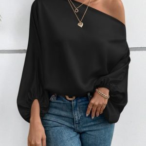 Kadın Tek Omuzu Açık Uzun Kollu Salaş Sandy Bluz