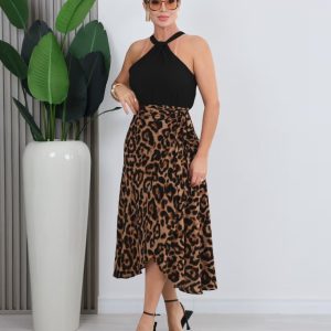 Kadın önden Bağlamalı Leopar Desenli Süprem Uzun Etek