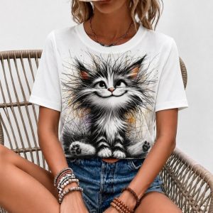 Kadın Kısa Kollu Bisiklet Yaka Kedi Baskılı Süprem Bluz