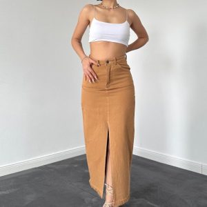 Camel Gabardin Boyamalı Püsküllü Etek