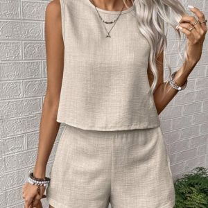 Kadın Kolsuz Bisiklet Yakalı Kısa Bluz Ve Short Ikili Takım