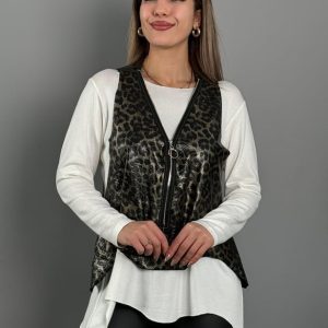 Kadın Yılan Desen Fermuar Detay Yelek Ve Asimetrik Kesim Bluz Salaş Ikili Takım