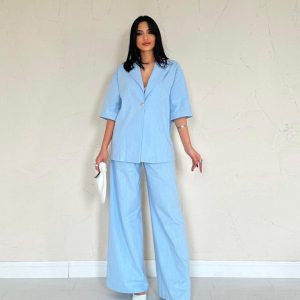 Mavi Önü Tek Düğmeli Ceket Pantolon Takım
