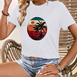 Kadın Kısa Kollu Palmiye Baskılı Viskon T-shirt