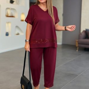 Kadın Kısa Kollu V Yakalı Pul Payetli Viskon Iki Iplik Bluz Ve Pantolon Ikili Takım