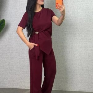 Alternative view of Kadın Kısa Kollu Bisiklet Yaka Yandan Toka Detaylı Viskon Iki Iplik Bluz Ve Pantolon Ikili Takım