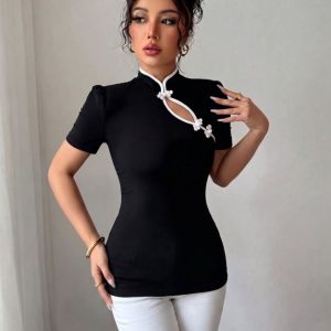 Kadın Beyaz şerit Detaylı Dar Kesim Dik Yaka Bluz
