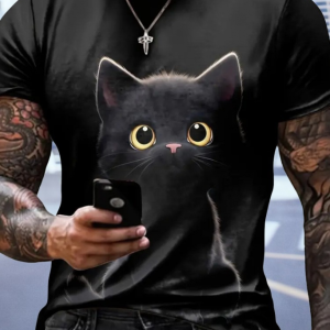 Erkek Bisiklet Yaka Kedi Baskılı Süprem T-shirt