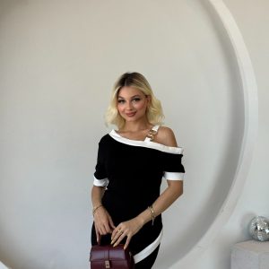 Kadın Kısa Kollu Asimetrik Kesim Yaka şerit Ve Aksesuar Detaylı Modal Elbise