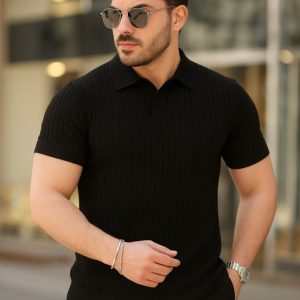 Erkek Kısa Kollu Yakalı çizgi Desenli Triko Bluz