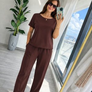Kadın Kısa Kollu Bisiklet Yakalı Viskon Iki Iplik Bluz Ve Pantolon Ikili Takım
