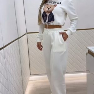 Kadın Uzun Kollu Bisiklet Yaka Desenli Iki Iplik şardonlu Bluz Ve Pantolon Ikili Takım