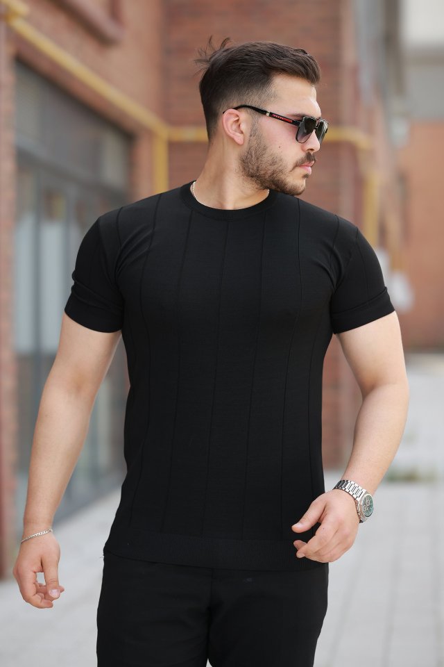 Erkek Ince çizgi Dokulu Bisiklet Yaka Kısa Kollu T-shirt - Görsel 4