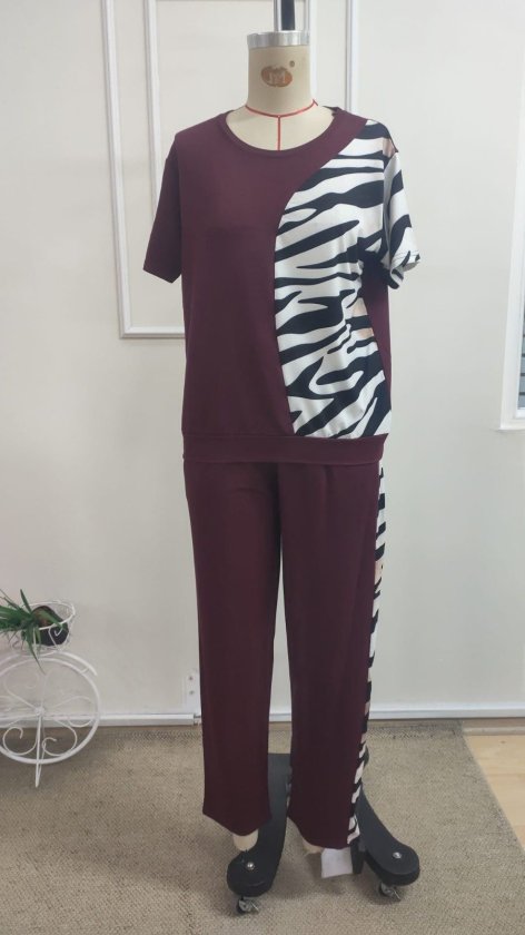 Kadın Kısa Kollu Bisiklet Yaka Zebra Desen Bluz Ve Pantolon Ikili Takım - Görsel 4