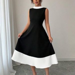 Kadın Bisiklet Yaka çift Renk çan Etek Detay Krep Kumaş Maxi Boy Elbise