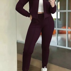 Kadın Uzun Kollu önden Fermuarlı Kısa Modal Mor Ceket Ve Pantolon Ikili Takım