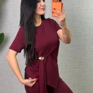 Kadın Kısa Kollu Bisiklet Yaka Yandan Toka Detaylı Viskon Iki Iplik Bluz Ve Pantolon Ikili Takım