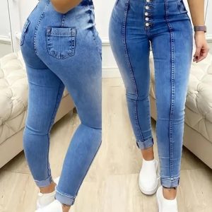 Kadın Yüksek Bel önden Düğmeli Jean Pantolon