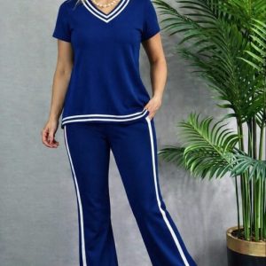 Kadın Kısa Kollu V Yakalı Viskon Iki Iplik Bluz Ve Pantolon Ikili Takım