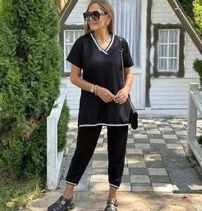 Alternative view of Kadın Kısa Kollu V Yakalı Iki Iplik Bluz Ve Pantolon Ikili Takım