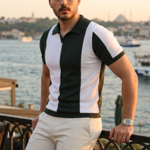 Erkek Kısa Kollu Polo Yakalı Blok Desenli Triko Bluz