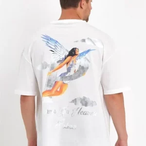 Erkek Melek Baskılı Oversize T-shirt - Beyaz