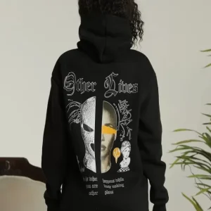 Alternative view of Sırt Baskılı Oversize Üç İplik Kapüşonlu Sweatshirt - Siyah