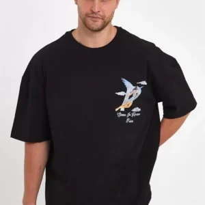 Erkek Melek Baskılı Oversize T-shirt - Siyah
