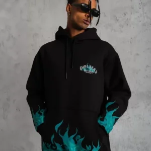 Alternative view of Erkek Üç İplik İçi Pamuklu Alev Baskılı Kapüşonlu Sweatshirt - Siyah