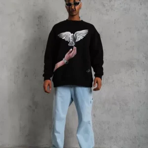 Alternative view of Erkek Güvercin Baskılı Sweatshirt - Siyah