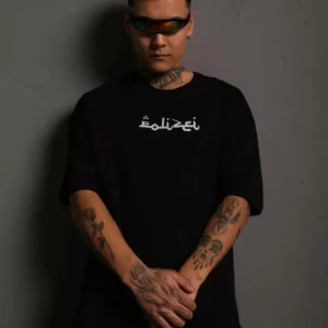 Alternative view of Erkek Bisiklet Yakalı Sırt Baskılı Oversize T-Shirt - Siyah