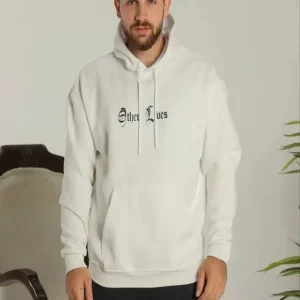 Alternative view of Erkek Sırt Baskılı Oversize Üç İplik Kapüşonlu Sweatshirt - Beyaz