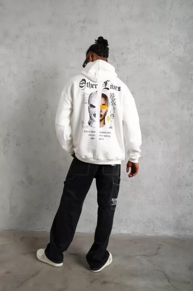 Erkek Sırt Baskılı Oversize Üç İplik Kapüşonlu Sweatshirt - Beyaz - Görsel 4